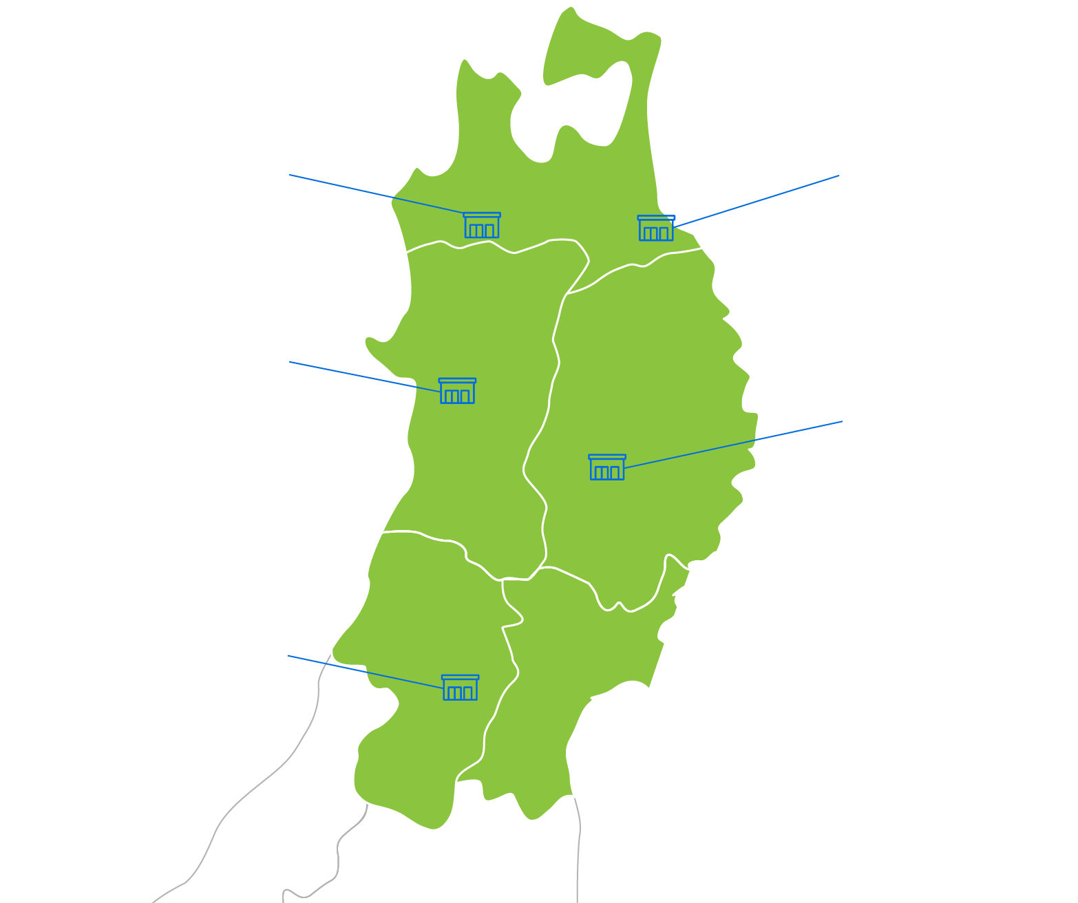 東北地方を中心にした日本地図。秋田県、青森県、岩手県、宮城県に色が塗られている